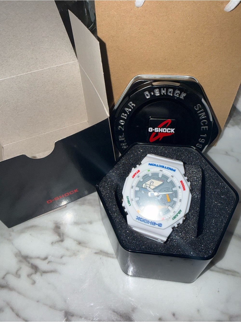 G-Shock White Watch with Multicolor Accent Markers